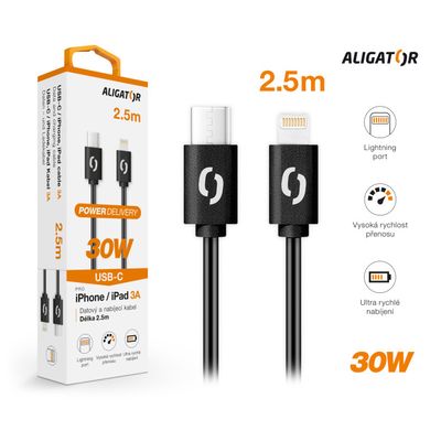 Datový kabel ALIGATOR POWER 30W, USB-C/Lightning 3A, 2,5m černý