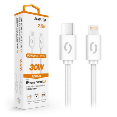 Datový kabel ALIGATOR POWER 30W, USB-C/Lightning 3A, 2,5m bílý