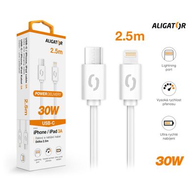 Datový kabel ALIGATOR POWER 30W, USB-C/Lightning 3A, 2,5m bílý
