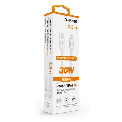 Datový kabel ALIGATOR POWER 30W, USB-C/Lightning 3A, 2,5m bílý