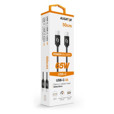 Datový kabel ALIGATOR POWER 65W, USB-C/USB-C 3A, 0,5m černý