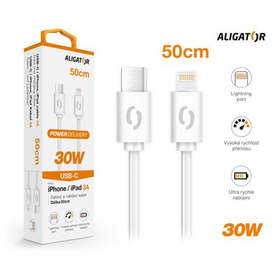 Datový kabel ALIGATOR POWER 30W, USB-C/Lightning 3A, 0,5m bílý