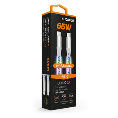 Datový kabel ALIGATOR POWER 3A 65W, USB-C/USB-C, 0,5m svítící