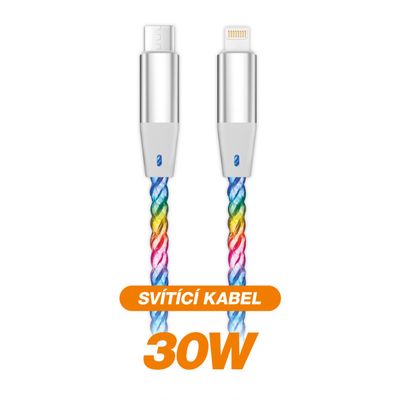 Datový kabel ALIGATOR POWER 3A 30W, USB-C/Lightning, 1,2m svítící