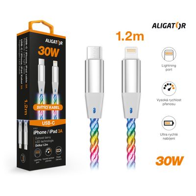 Datový kabel ALIGATOR POWER 3A 30W, USB-C/Lightning, 1,2m svítící