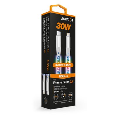 Datový kabel ALIGATOR POWER 3A 30W, USB-C/Lightning, 1,2m svítící