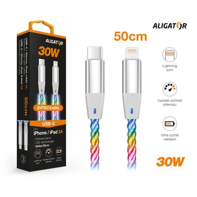 Datový kabel ALIGATOR POWER 3A 30W, USB-C/Lightning, 0,5m svítící