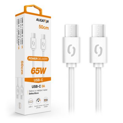 Datový kabel ALIGATOR POWER 65W, USB-C/USB-C 3A, 0,5m bílý