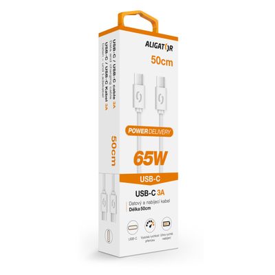 Datový kabel ALIGATOR POWER 65W, USB-C/USB-C 3A, 0,5m bílý