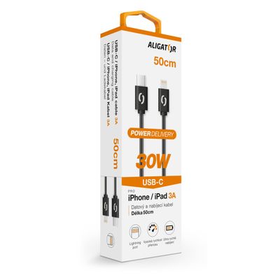 Datový kabel ALIGATOR POWER 30W, USB-C/Lightning 3A, 0,5m černý