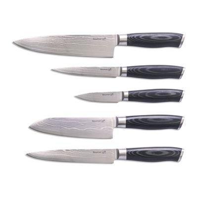 G21 Sada nožů Gourmet Damascus v bambusovém bloku 5 ks + brusný kámen