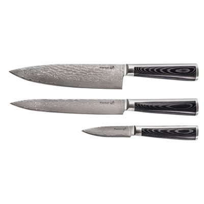 G21 Sada nožů Damascus Premium v bambusovém bloku, Box, 3 ks + brusný kámen