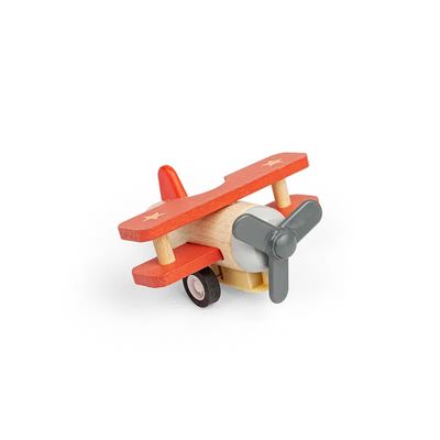 Bigjigs Toys Dřevěné natahovací letadlo Dvouplošník červený