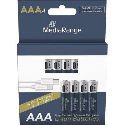 MediaRange nabíjecí USB-C Li-Ion baterie Micro AAA, 1,5V, 500 mAh, 4ks