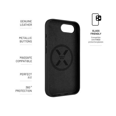 Kožený zadní kryt FIXED MagLeather s podporou MagSafe pro Apple iPhone 16e, černý