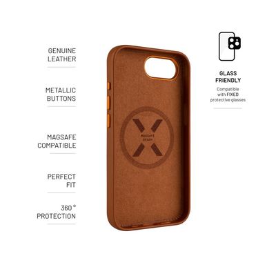 Kožený zadní kryt FIXED MagLeather s podporou MagSafe pro Apple iPhone 16e, hnědý