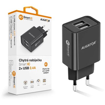 ALIGATOR síťová nabíječka s 2xUSB výstupem, 2,4A, smart IC, černá