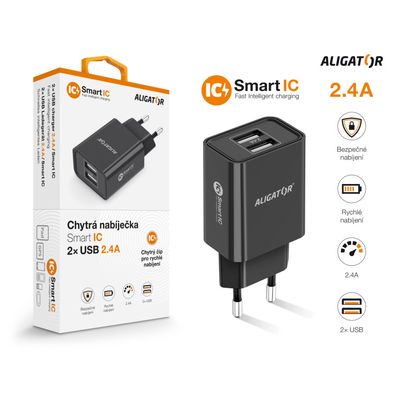 ALIGATOR síťová nabíječka s 2xUSB výstupem, 2,4A, smart IC, černá