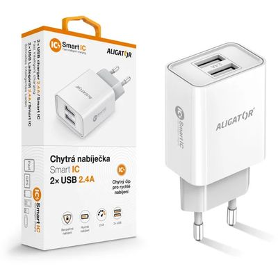 ALIGATOR síťová nabíječka s 2xUSB výstupem, 2,4A, smart IC, bílá