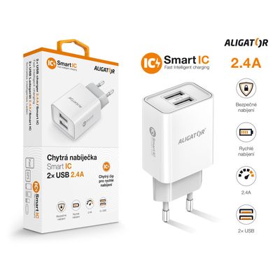 ALIGATOR síťová nabíječka s 2xUSB výstupem, 2,4A, smart IC, bílá
