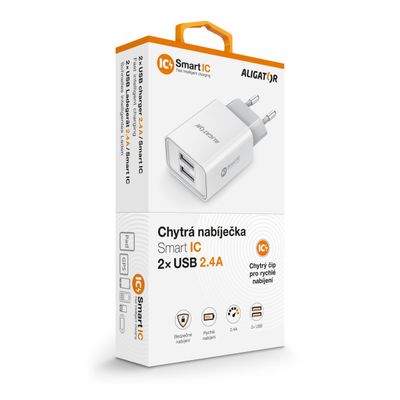 ALIGATOR síťová nabíječka s 2xUSB výstupem, 2,4A, smart IC, bílá