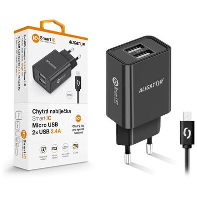 ALIGATOR síťová nabíječka MicroUSB 2xUSB výst. 2,4A, smart IC, černá