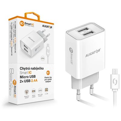 ALIGATOR síťová nabíječka MicroUSB 2xUSB výst. 2,4A, smart IC, bílá