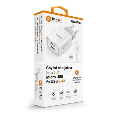 ALIGATOR síťová nabíječka MicroUSB 2xUSB výst. 2,4A, smart IC, bílá