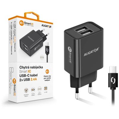 ALIGATOR síťová nabíječka USB-C 2xUSB výstup, 2,4A, smart IC, černá