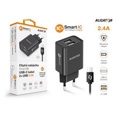 ALIGATOR síťová nabíječka USB-C 2xUSB výstup, 2,4A, smart IC, černá