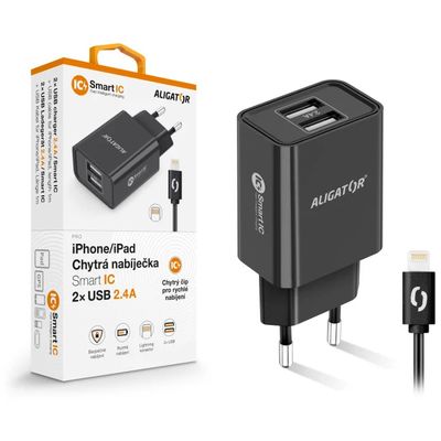 ALIGATOR síťová nabíječka iPhone/iPad 2xUSB výst.2,4A, smart IC,černá