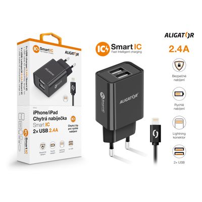 ALIGATOR síťová nabíječka iPhone/iPad 2xUSB výst.2,4A, smart IC,černá