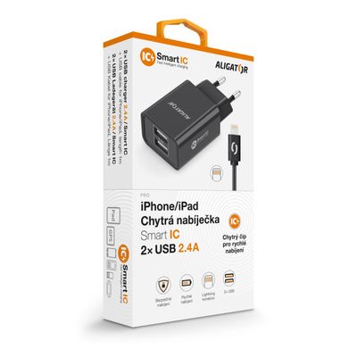 ALIGATOR síťová nabíječka iPhone/iPad 2xUSB výst.2,4A, smart IC,černá