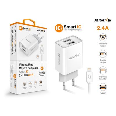 ALIGATOR síťová nabíječka iPhone/iPad 2xUSB výst.2,4A, smart IC, bílá