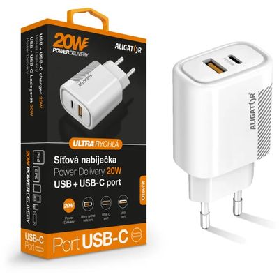 Rychlá nabíječka Aligator PD 20W USB-C + USB, bílá