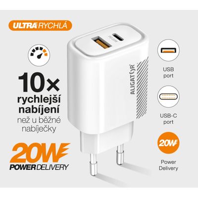 Rychlá nabíječka Aligator PD 20W USB-C + USB, bílá
