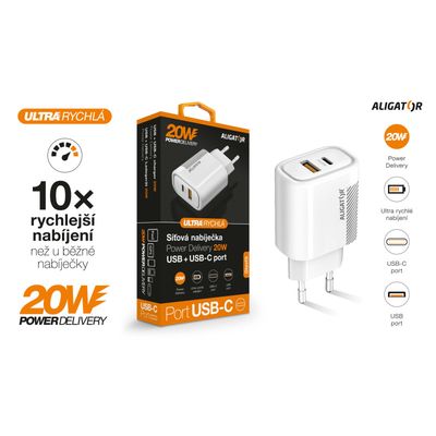 Rychlá nabíječka Aligator PD 20W USB-C + USB, bílá