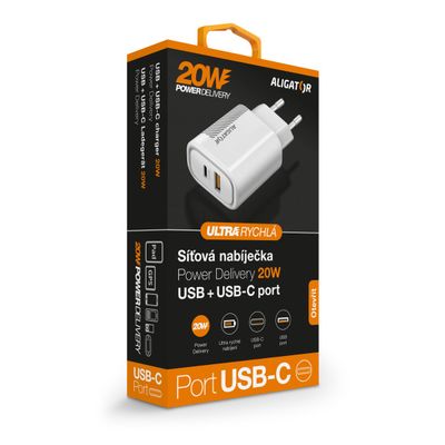 Rychlá nabíječka Aligator PD 20W USB-C + USB, bílá
