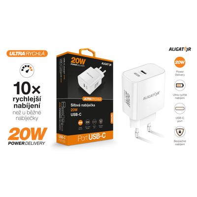 Rychlá nabíječka ALIGATOR PD 20W USB-C, bílá