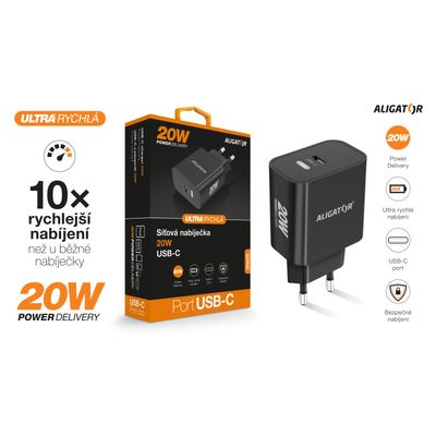 Rychlá nabíječka ALIGATOR PD 20W USB-C, černá