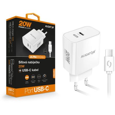 Rychlá nabíječka ALIGATOR PD 20W USB-C, USB-C/USB-C kabel, bílá
