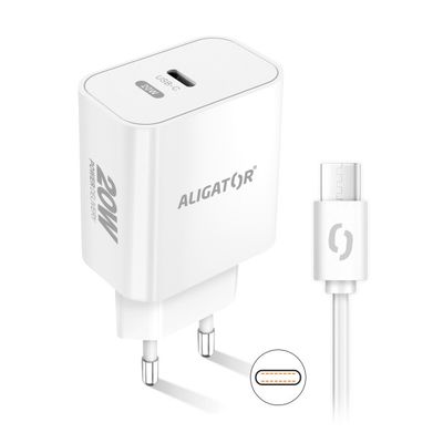 Rychlá nabíječka ALIGATOR PD 20W USB-C, USB-C/USB-C kabel, bílá