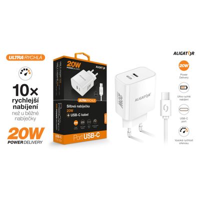 Rychlá nabíječka ALIGATOR PD 20W USB-C, USB-C/USB-C kabel, bílá
