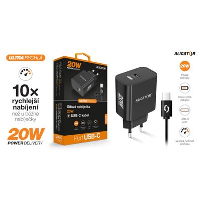 Rychlá nabíječka ALIGATOR PD 20W USB-C, USB-C/USB-C, černá