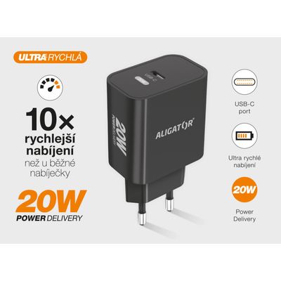 Rychlá nabíječka ALIGATOR PD 20W USB-C, USB-C/USB-C, černá