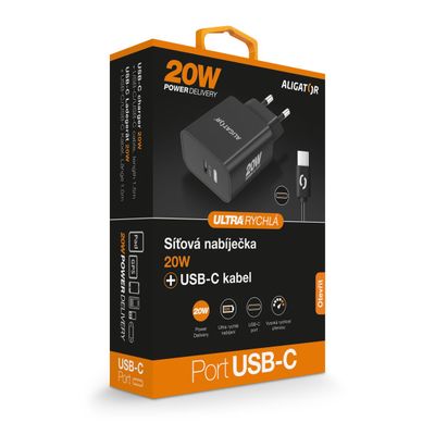 Rychlá nabíječka ALIGATOR PD 20W USB-C, USB-C/USB-C, černá