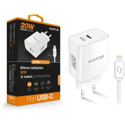 Rychlá nabíječka USB-C ALIGATOR PD 20W s kabelem USB-C/Lightning (iPhone), bílá