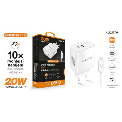 Rychlá nabíječka USB-C ALIGATOR PD 20W s kabelem USB-C/Lightning (iPhone), bílá