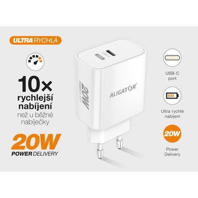 Rychlá nabíječka USB-C ALIGATOR PD 20W s kabelem USB-C/Lightning (iPhone), bílá