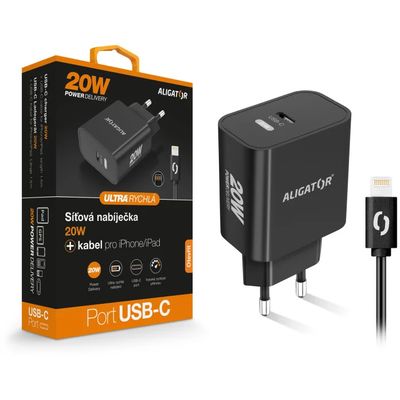 Rychlá nabíječka USB-C ALIGATOR PD 20W s kabelem USB-C/Lightning(iPhone), černá